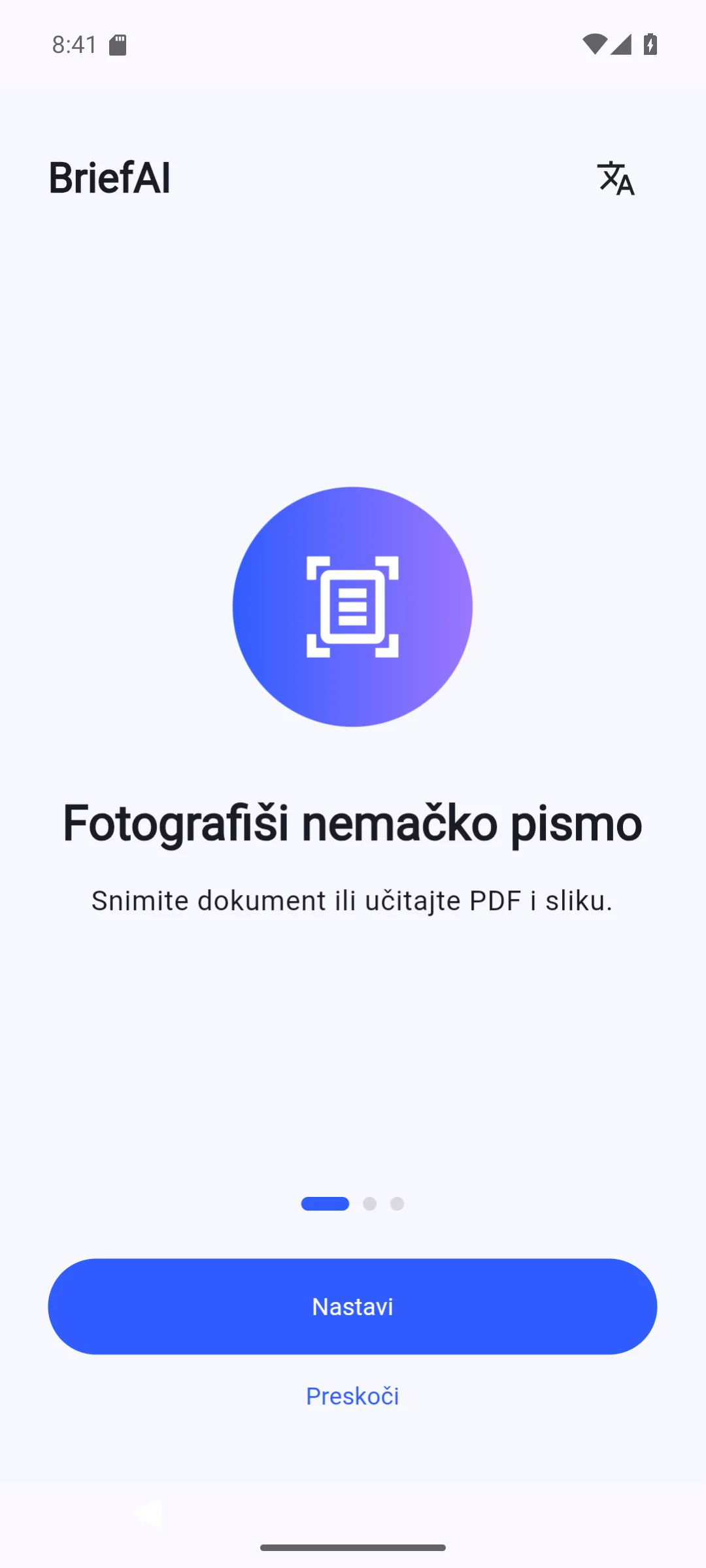 BriefAI ulazni onboarding ekran