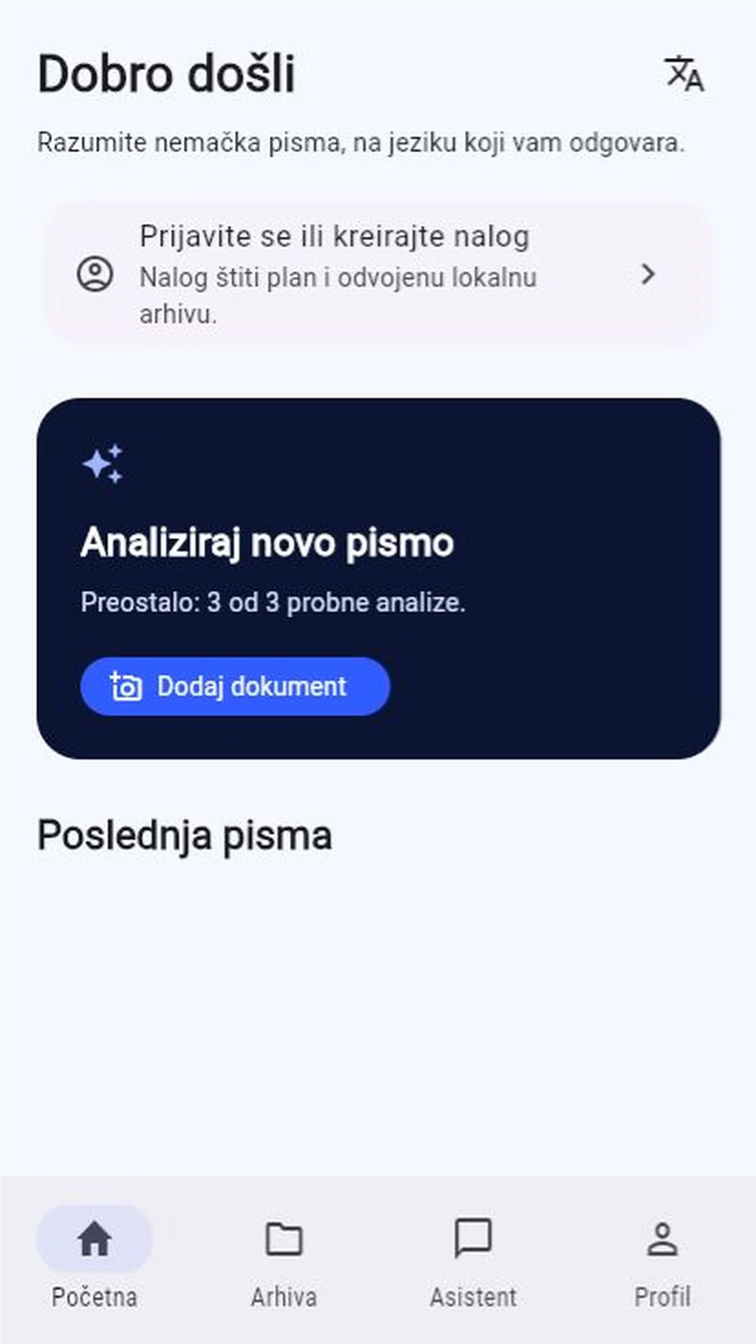 BriefAI početni ekran za fotografisanje ili uvoz pisma