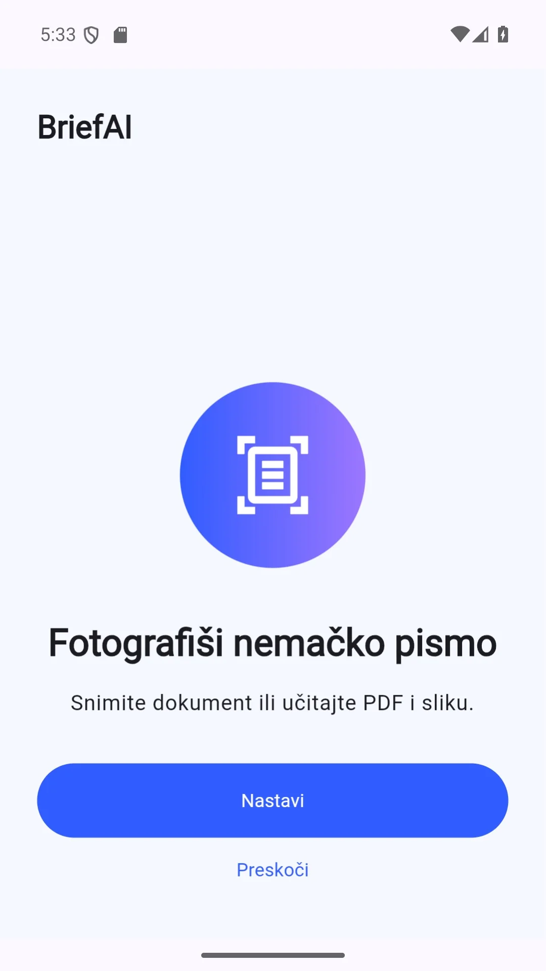 BriefAI uvodni ekran aplikacije
